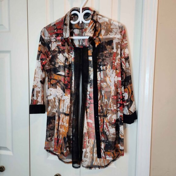 [M] Tango‎ Mango Buttoned Blouse Women's Medium semi-sheer chiffon autumn tones - Picture 1 of 9